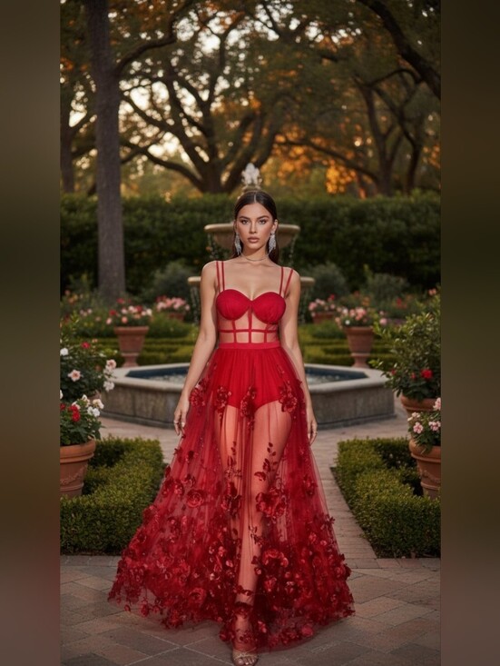 D&M Dresses & Skirts - D&M Red 3D Floral Appliqué Tulle Corset Maxi Gown Formal Dress Size M